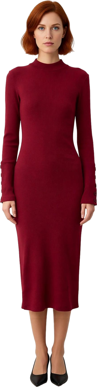 Kadın Dik Yaka Örme Bodycon Midi Elbise Düz Deseniyle Günlük Şıklığı Uzun Kollu Rahatlık Sunar