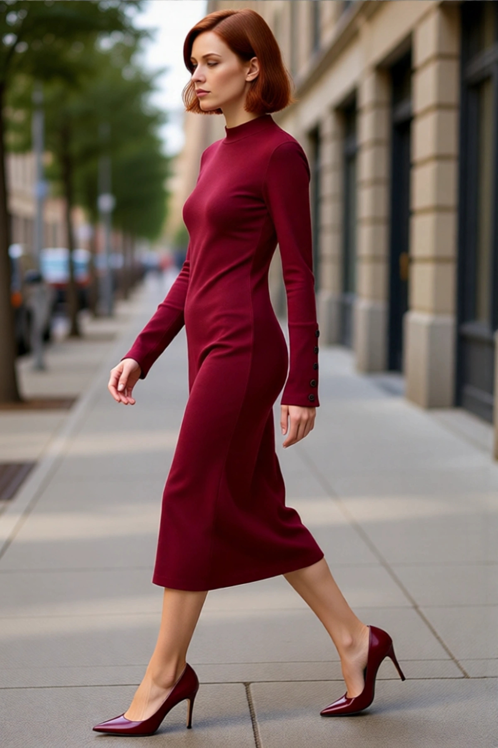 Kadın Dik Yaka Örme Bodycon Midi Elbise Düz Deseniyle Günlük Şıklığı Uzun Kollu Rahatlık Sunar