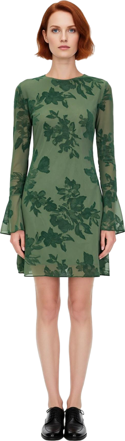 Kadınlar İçin Feminine Bodycon Kesim Çiçek Desenli Uzun Kollu Tül Mini Elbise Astarlı Şıklık