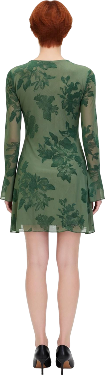 Kadınlar İçin Feminine Bodycon Kesim Çiçek Desenli Uzun Kollu Tül Mini Elbise Astarlı Şıklık