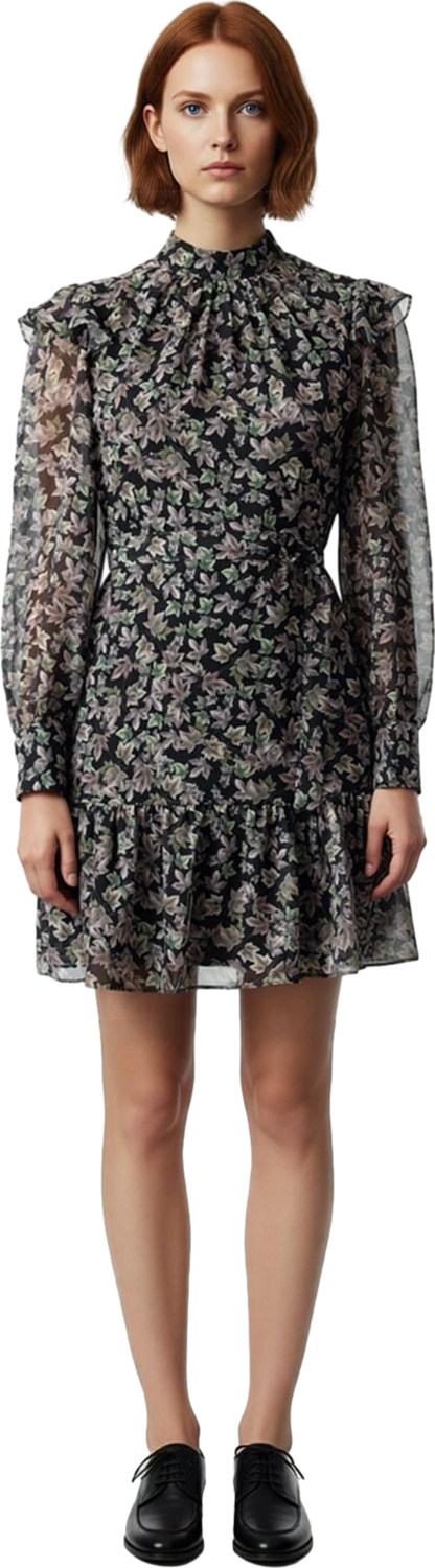 Moda Stil Regular Dik Yaka Mini Boy Kuşaklı Beli Açılan Astarlı Fırfır Detaylı Dokuma Kışlık Elbise