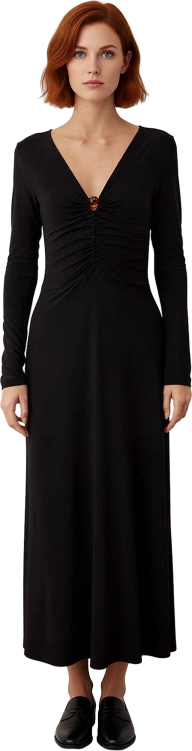 Kadın Fashion Forward V Yaka Büzgülü Uzun Kollu Maxi Elbise Gündüzden Geceye Esnek Şıklık Kaliteli
