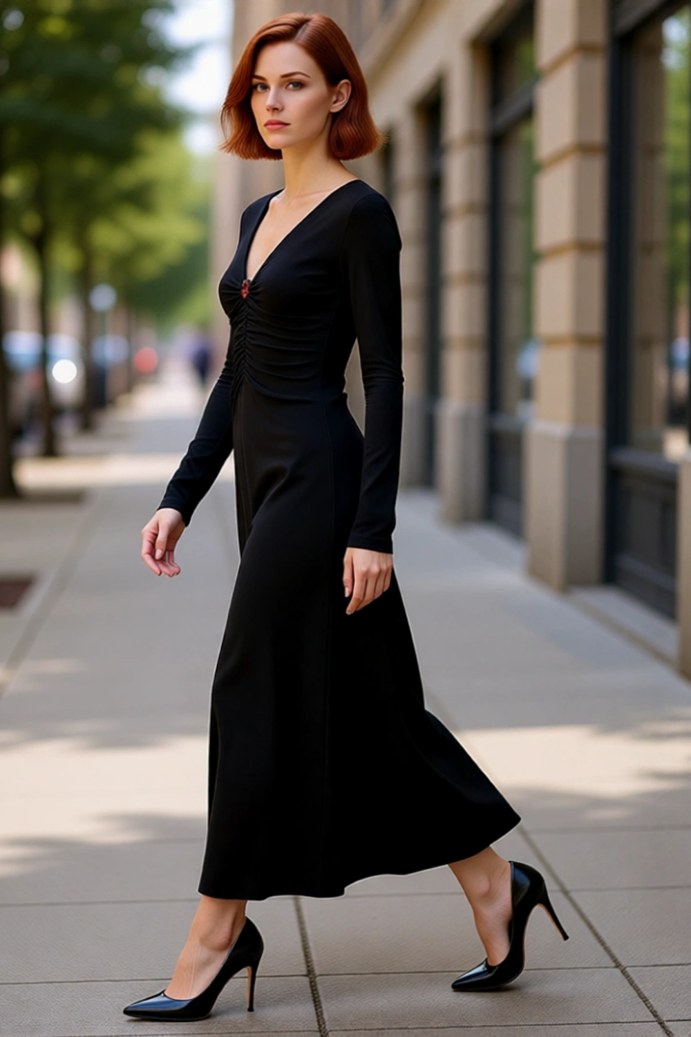 Kadın Fashion Forward V Yaka Büzgülü Uzun Kollu Maxi Elbise Gündüzden Geceye Esnek Şıklık Kaliteli