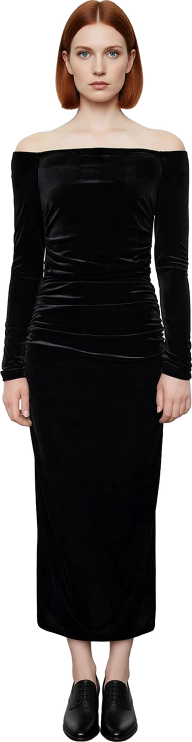 Kadın Carmen Yaka Bodycon Siyah Kadife Midi Elbise Uzun Kollu Şık Davetler İçin Zarafet Sunar