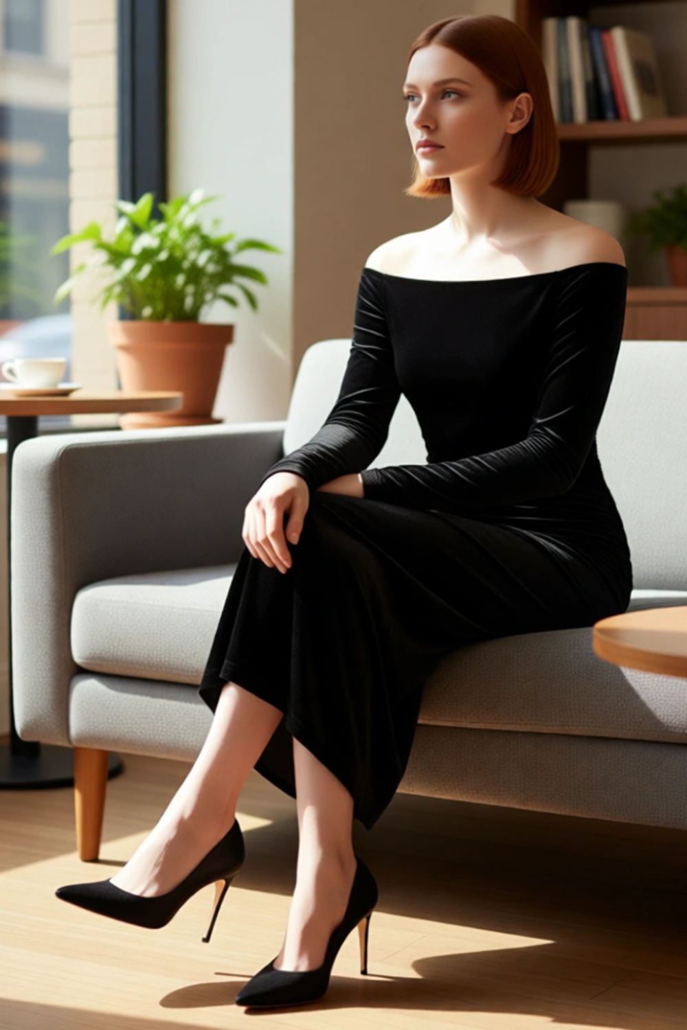 Kadın Carmen Yaka Bodycon Siyah Kadife Midi Elbise Uzun Kollu Şık Davetler İçin Zarafet Sunar