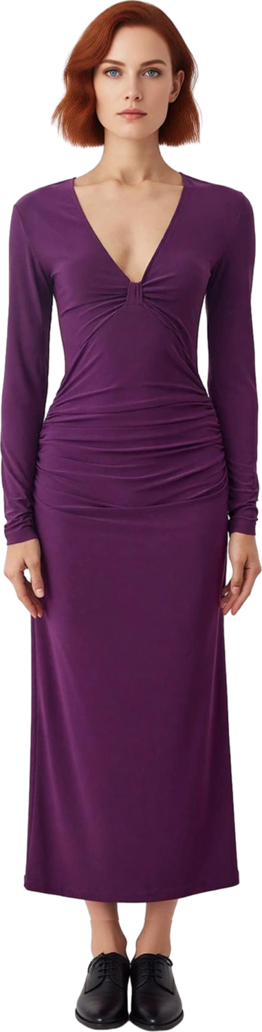 Kadın Bodycon Siluet Uzun Kol V Yaka Büzgülü Detaylı Maxi Elbise Özel Günler Kokteyl Kaliteli