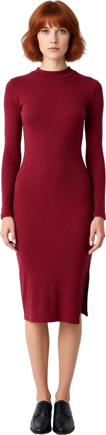 Moda Slim Casual Günlük Rejenere Kaşkorse Dokuma Dik Yaka Uzun Kol Bodycone Mini Boy Elbise