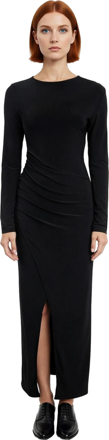 Kadınlara Özel Bisiklet Yaka Uzun Kol Drapeli Bodycon Maxi Elbise Kış Akşamları İçin İdeal