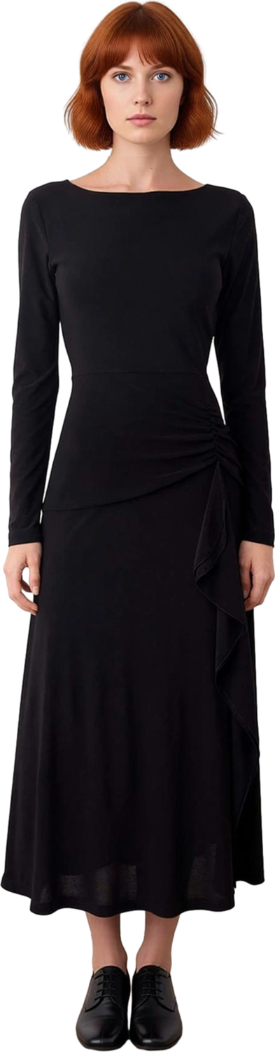 Kadın Örme Kumaş Maxi Elbise Standart Kol Kayık Yaka Drape Detaylı Gündüz Gece Kullanıma Uygun