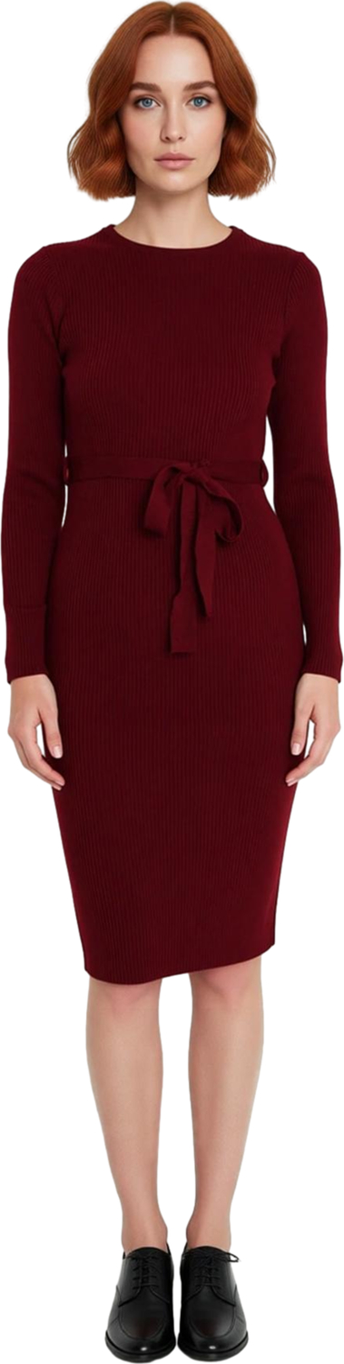 Kadın Düz Desen Akrilik Triko Midi Elbise Kuşaklı Uzun Kollu Rahat Bodycon Kesim İlkbahar Sonbahar