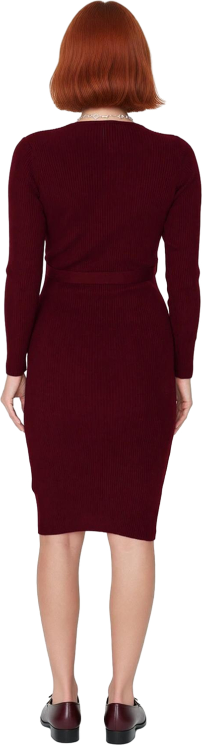 Kadın Düz Desen Akrilik Triko Midi Elbise Kuşaklı Uzun Kollu Rahat Bodycon Kesim İlkbahar Sonbahar