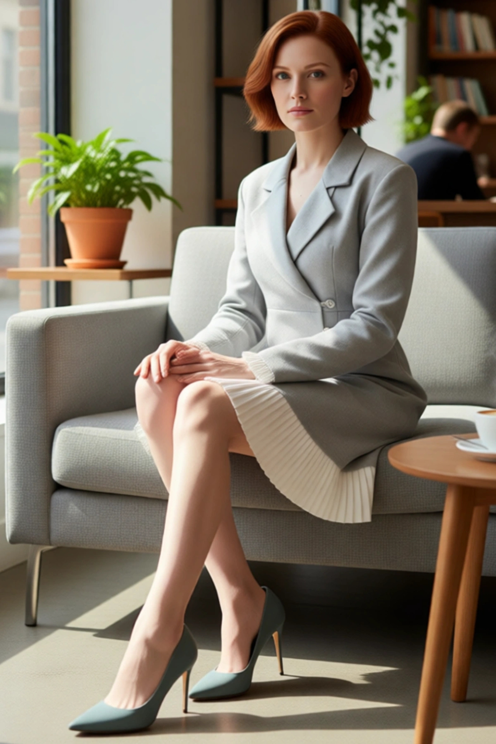 Kadın Gri Piliseli Etekli Blazer Elbise Uzun Kollu Ofis Stili İçin Modern Şık Mini Tasarım
