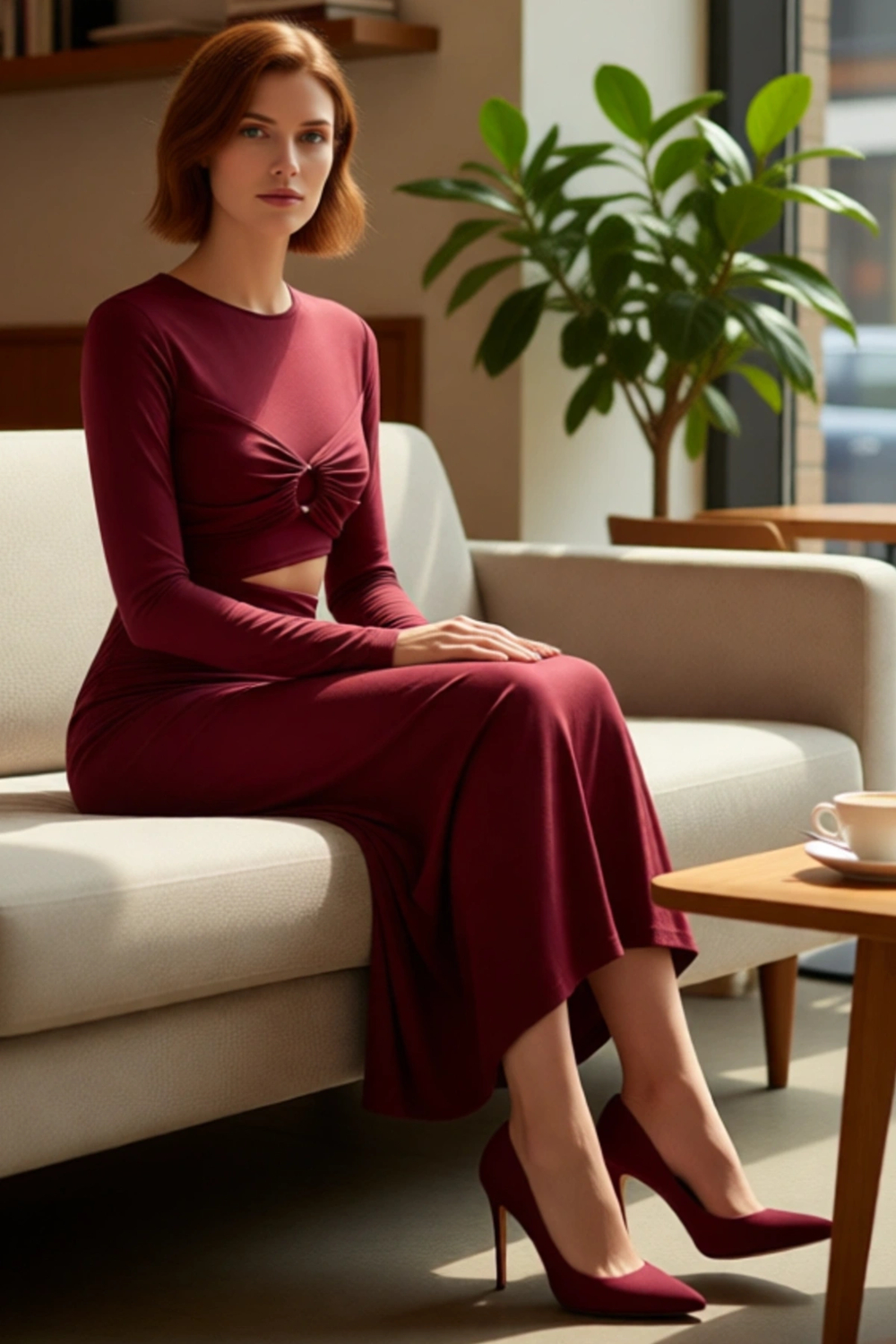 Kadın Fashion Forward Bordo Örme Maxi Elbise Bodycon Kesim Bel Detaylı Uzun Kollu Zarif Stil