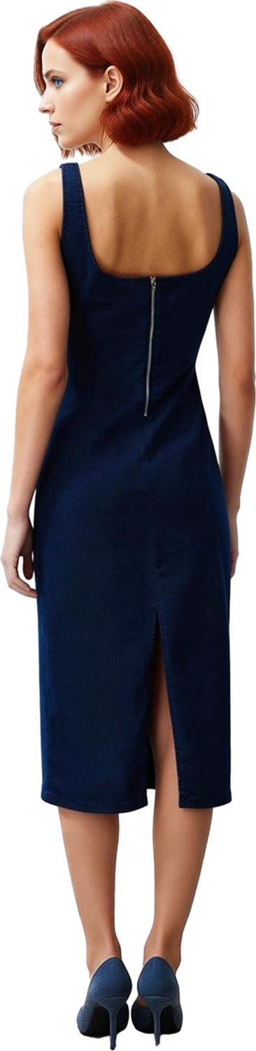 Kadın Mavi Kolsuz Denim Elbise Bodycon Kalıp Kare Yaka Midi Boy İlkbahar Sonbahar Şıklığı Kaliteli