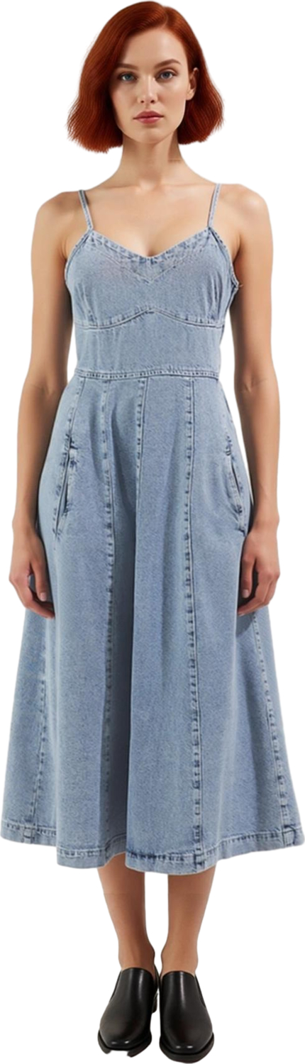 Kadın Askılı V Yaka %100 Pamuk Denim Elbise Midi Boy Düz Eteği Fırfırlı Casual Yaz Şıklığı