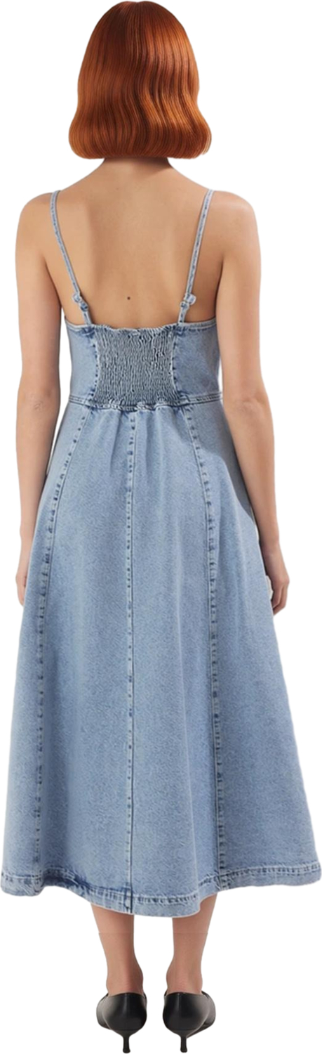 Kadın Askılı V Yaka %100 Pamuk Denim Elbise Midi Boy Düz Eteği Fırfırlı Casual Yaz Şıklığı