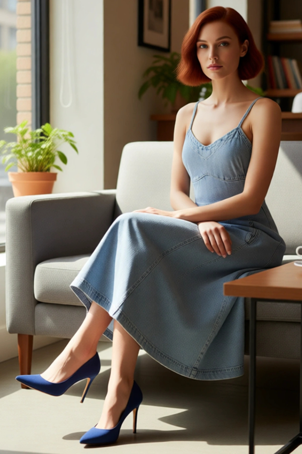 Kadın Askılı V Yaka %100 Pamuk Denim Elbise Midi Boy Düz Eteği Fırfırlı Casual Yaz Şıklığı