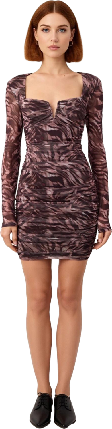 Kadın Astarlı Tül Örme Bodycon Elbise Kalp Yaka Uzun Kollu Animal Desenli Mini Şıklık Kaliteli