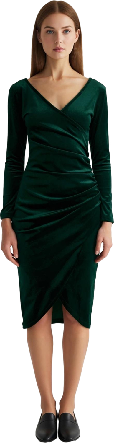 Kadın Şık Bodycon Midi Boy Uzun Kollu Kruvaze Yaka Kadife Örme Drape Detaylı Kış Elbisesi Kaliteli