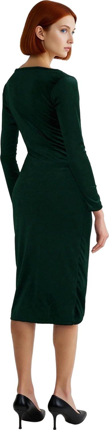 Kadın Şık Bodycon Midi Boy Uzun Kollu Kruvaze Yaka Kadife Örme Drape Detaylı Kış Elbisesi Kaliteli