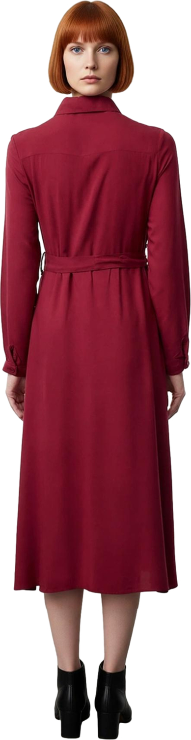 Moda Stil Relaxed Gömlek Yaka Midi Boy Koyu Yeşil Kuşaklı Viskon Dokuma Gömlek Elbise