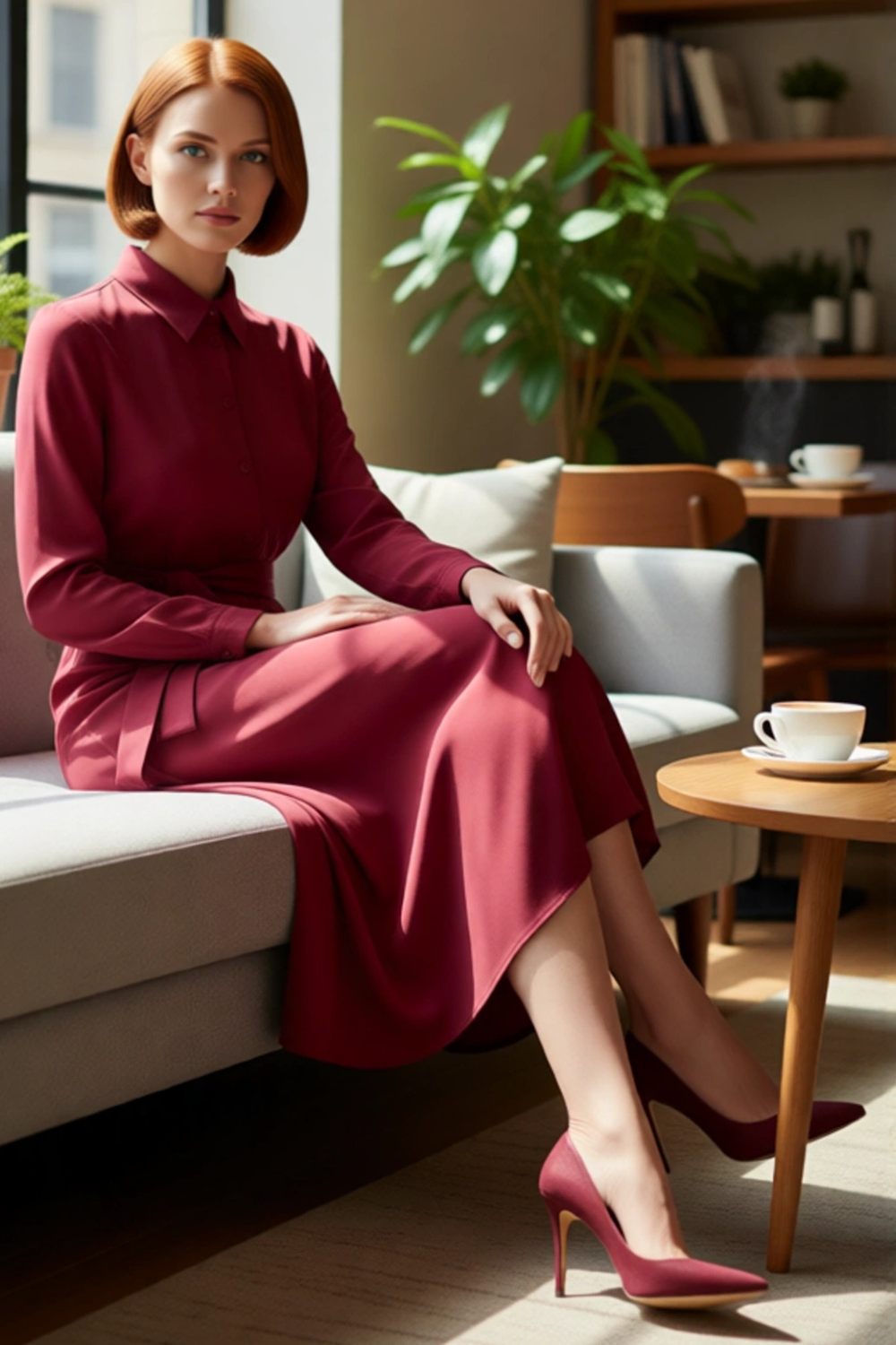 Moda Stil Relaxed Gömlek Yaka Midi Boy Koyu Yeşil Kuşaklı Viskon Dokuma Gömlek Elbise