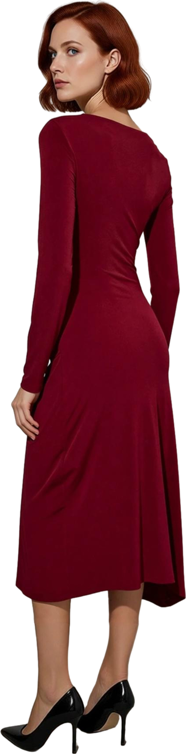 Kadınlara Özel Asimetrik Yaka Bodycon Kesim Uzun Kollu Düz Desen Midi Örme Elbise Kış Kombinleri