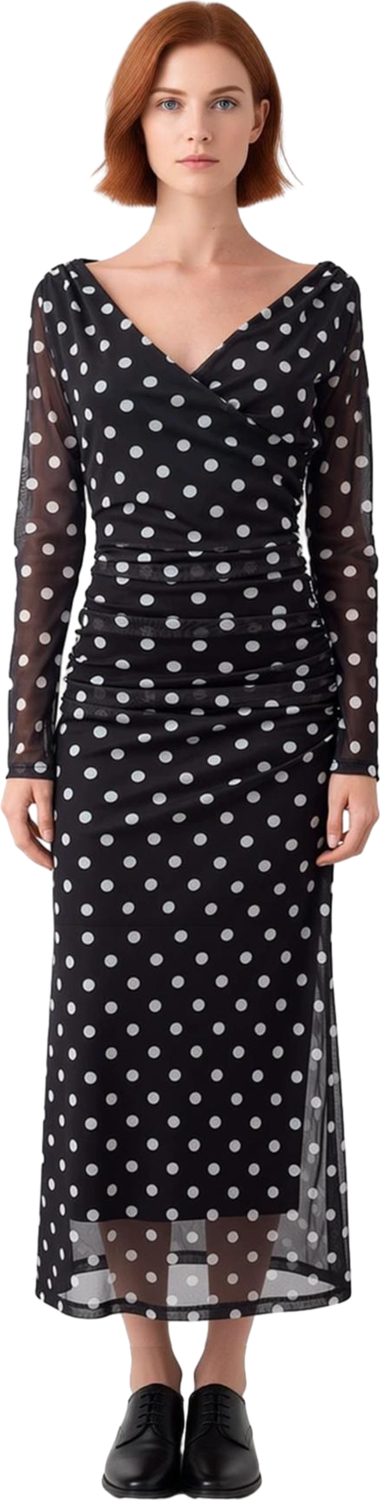 Kadın Fashion Forward Bodycon Maxi Elbise Tül Kumaş Puantiyeli V Yaka Büzgü Detaylı Uzun Kol