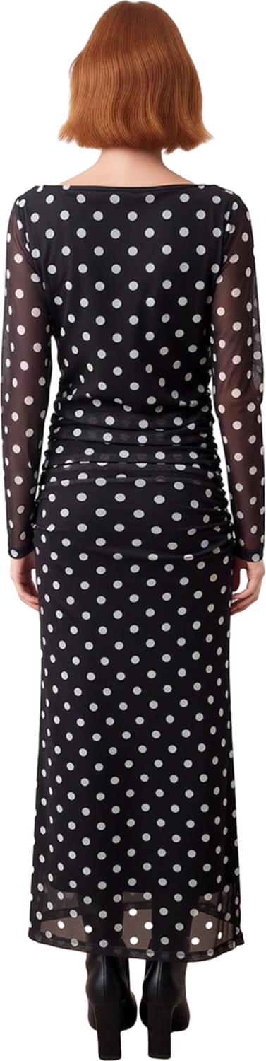 Kadın Fashion Forward Bodycon Maxi Elbise Tül Kumaş Puantiyeli V Yaka Büzgü Detaylı Uzun Kol