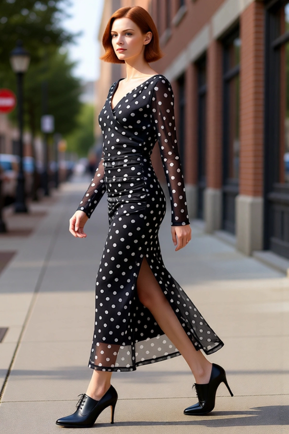 Kadın Fashion Forward Bodycon Maxi Elbise Tül Kumaş Puantiyeli V Yaka Büzgü Detaylı Uzun Kol