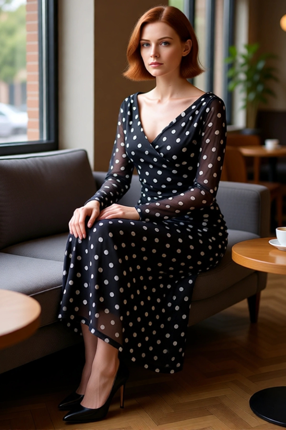 Kadın Fashion Forward Bodycon Maxi Elbise Tül Kumaş Puantiyeli V Yaka Büzgü Detaylı Uzun Kol
