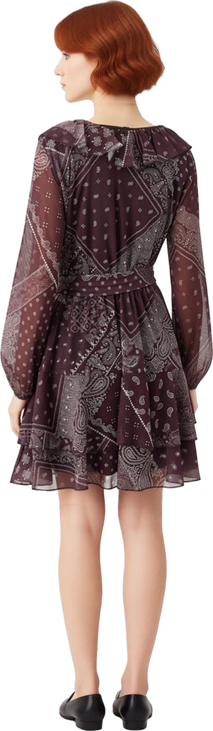 Fashion Forward Kadın Skater Elbise Şal Desenli V Yaka Fırfır Detaylı Standart Kol Mini Modeli