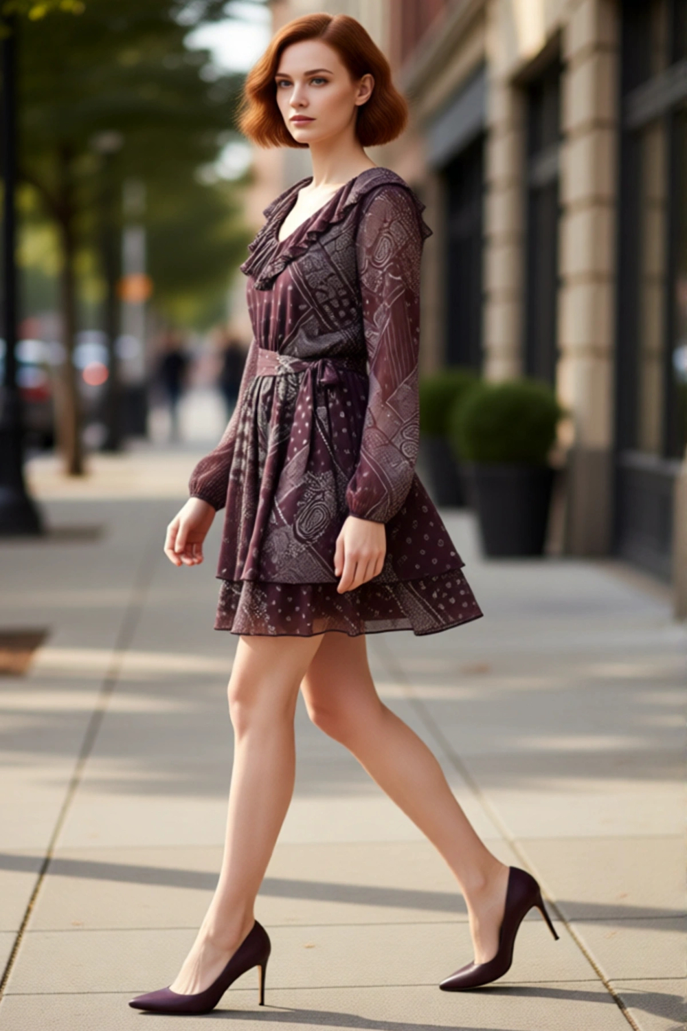 Fashion Forward Kadın Skater Elbise Şal Desenli V Yaka Fırfır Detaylı Standart Kol Mini Modeli