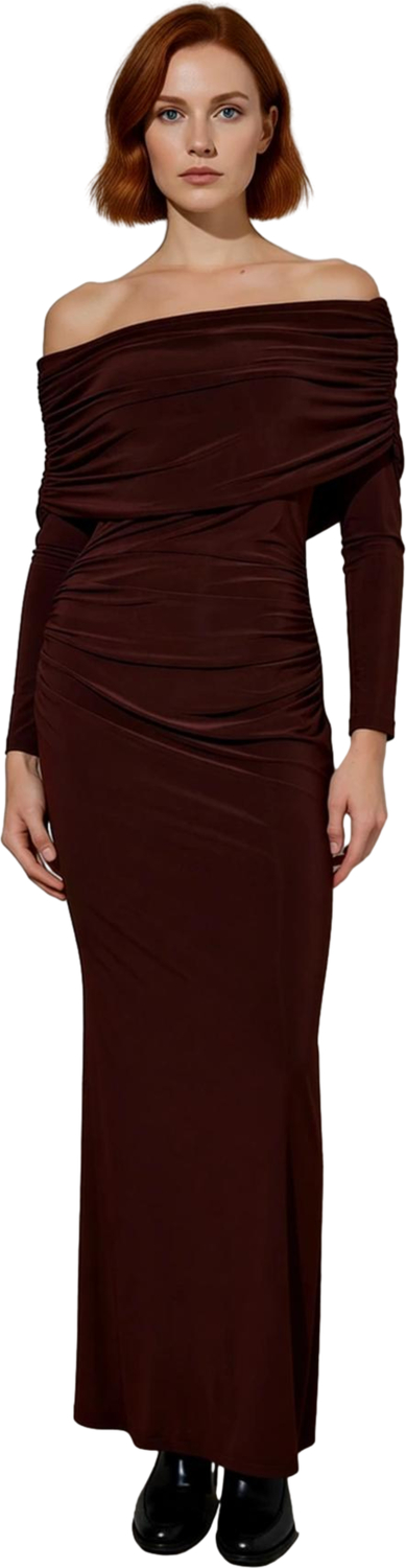 Kadın Şık Bodycon Kahverengi Uzun Kol Maxi Elbise Carmen Yaka ile Gece Davetleri İçin Kaliteli