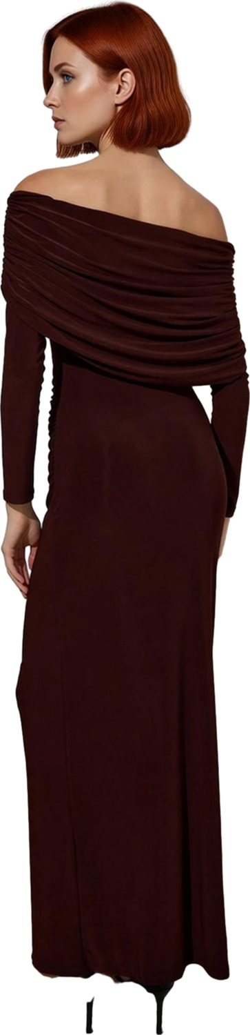 Kadın Şık Bodycon Kahverengi Uzun Kol Maxi Elbise Carmen Yaka ile Gece Davetleri İçin Kaliteli