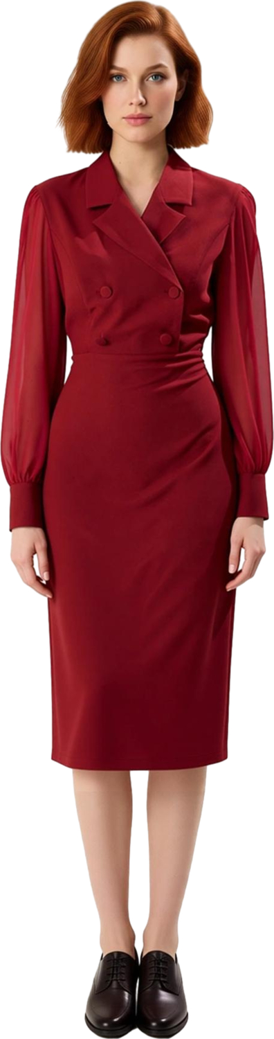 Kadın Şık Bodycon Dokuma Midi Elbise Ceket Yaka Ve Balon Kol Detayları İle Özel Günler İçin İdeal