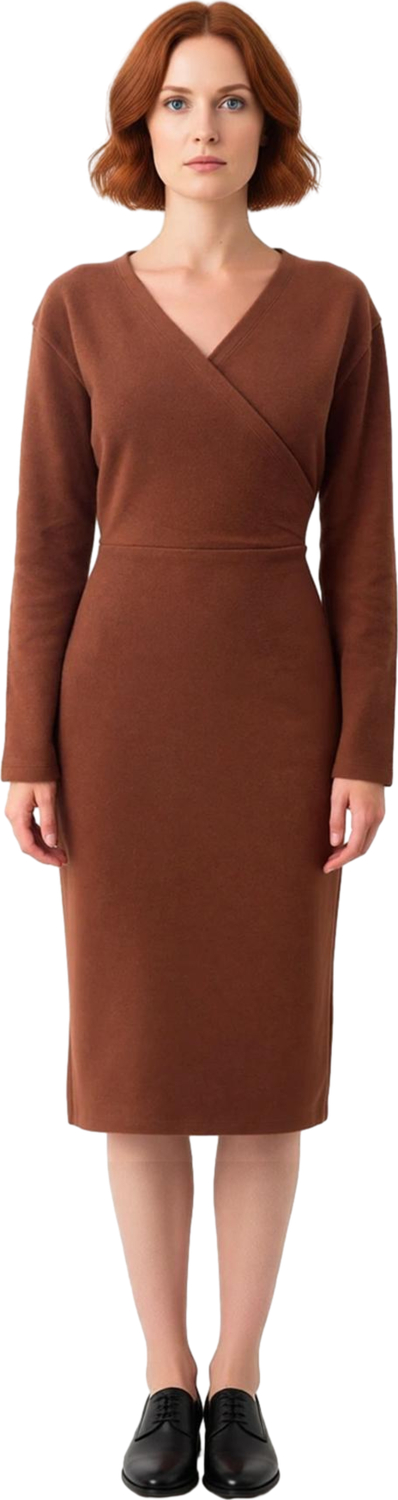 Kadın V Yaka Kruvaze Örme Midi Elbise Bodycon Kesim Düz Desen Uzun Kollu Kış Şıklığı Kaliteli