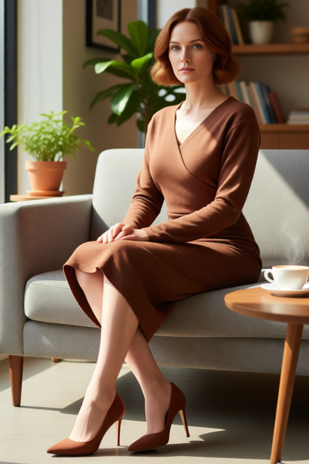 Kadın V Yaka Kruvaze Örme Midi Elbise Bodycon Kesim Düz Desen Uzun Kollu Kış Şıklığı Kaliteli