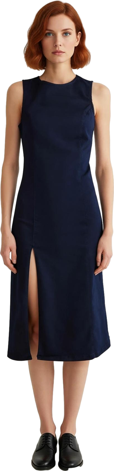 Kadın Düz Desen Kolsuz Bodycon Midi Denim Elbise Yırtmaçlı Bisiklet Yaka Şık ve Rahat Kombinler