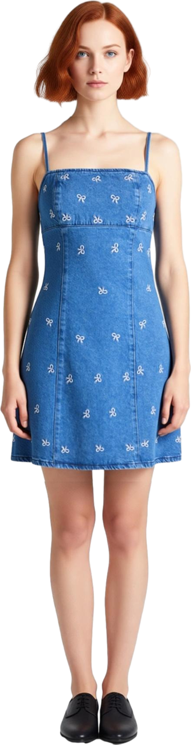 Kadın Askılı Mavi Denim Mini Elbise Fiyonk Desenli %100 Pamuklu Günlük Şık ve Rahat Model Kaliteli