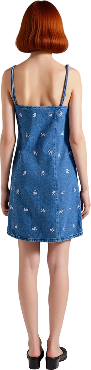 Kadın Askılı Mavi Denim Mini Elbise Fiyonk Desenli %100 Pamuklu Günlük Şık ve Rahat Model Kaliteli