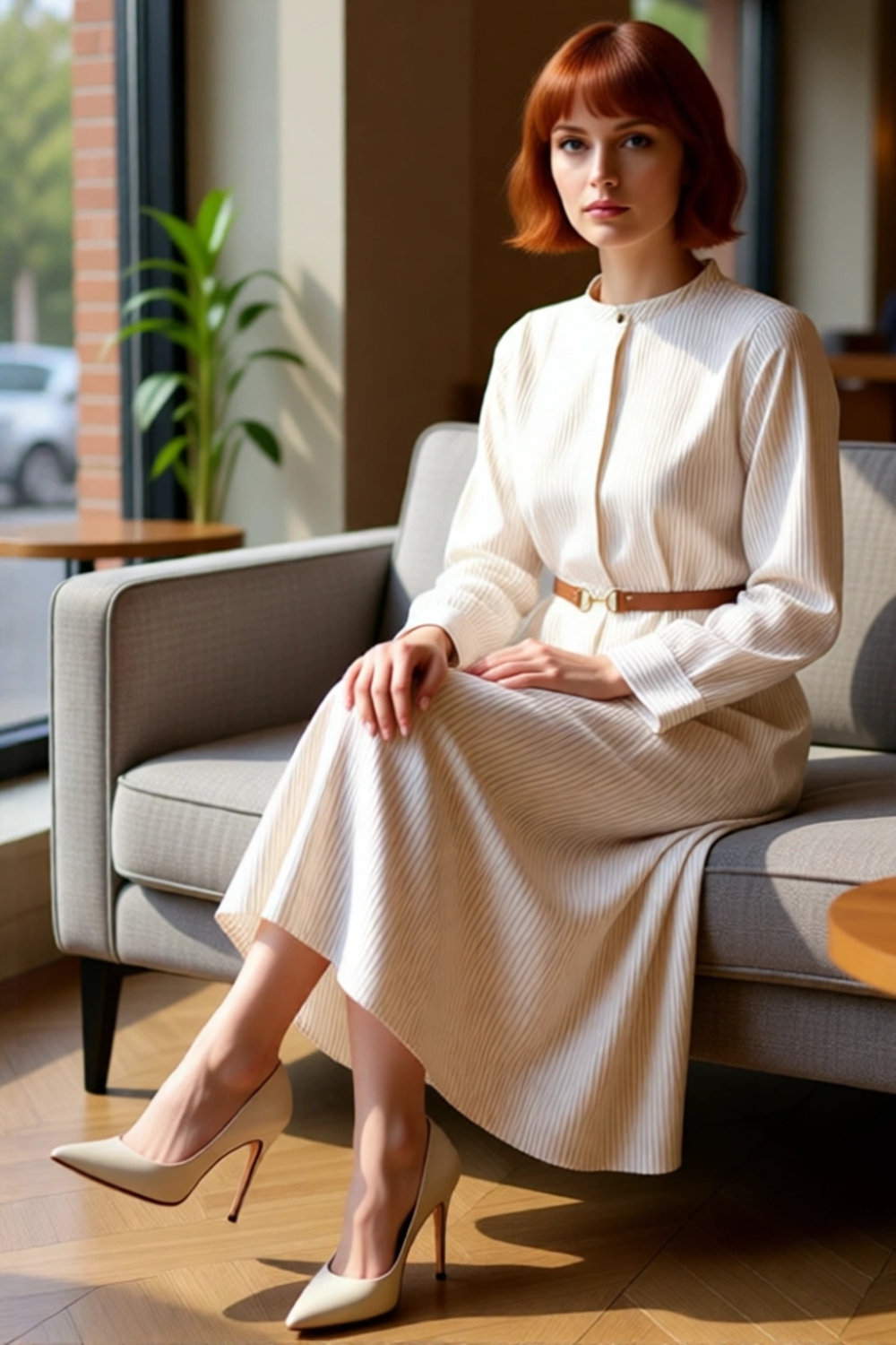 Kadın Çizgili Kemer Detaylı Dokuma Maxi Elbise Hakim Yaka Uzun Kollu A line Kalıp Günlük Şıklık