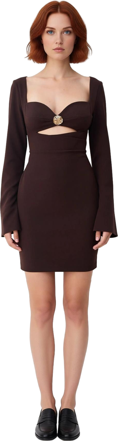 Kadın Modern Şık Bodycon Mini Elbise Kalp Yaka Aksesuar Detaylı Uzun Kollu Finike Dokuma Kaliteli