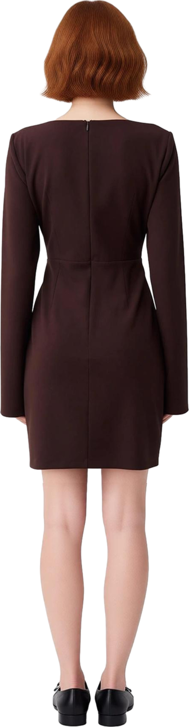 Kadın Modern Şık Bodycon Mini Elbise Kalp Yaka Aksesuar Detaylı Uzun Kollu Finike Dokuma Kaliteli
