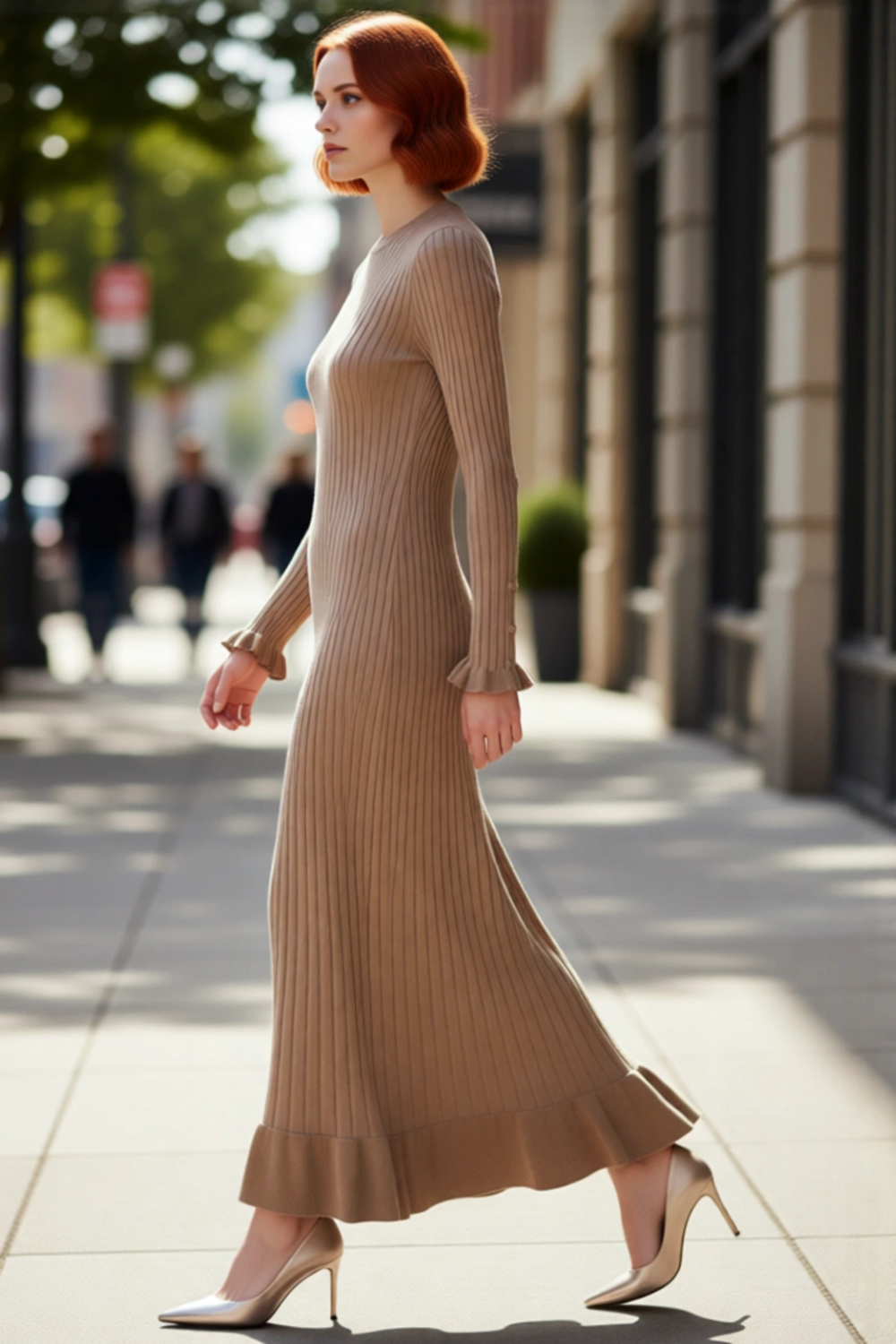 Kadın Bodycon Kesim Akrilik Ribana Triko Maxi Elbise İncili Detaylı Uzun Kol Şıklığı Kaliteli