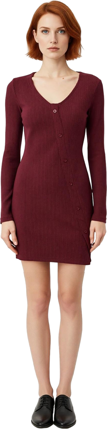 Kadın Uzun Kollu V Yaka Bodycon Kesim Asimetrik Düğmeli Örme Mini Elbise Şık Ve Konforlu Kaliteli