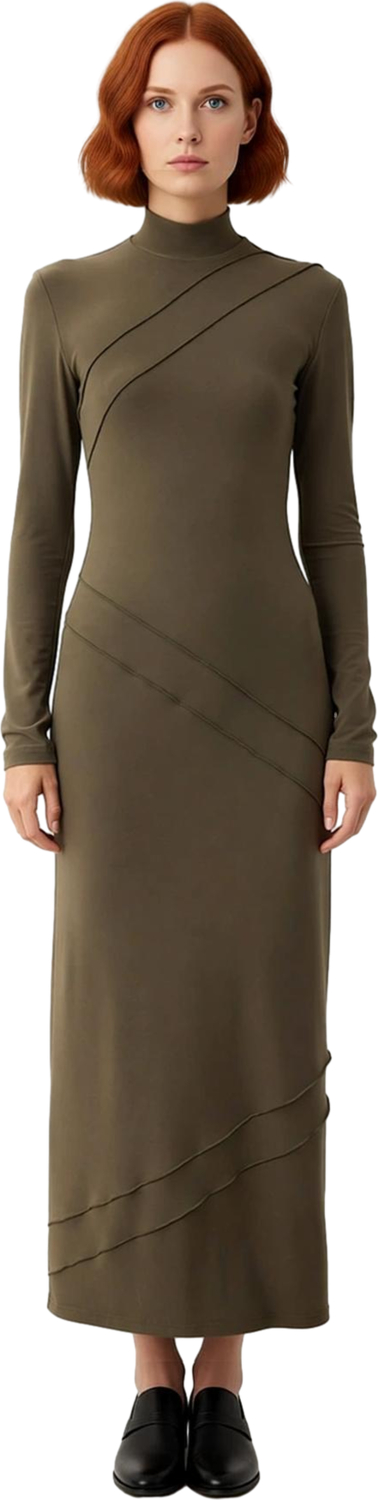 Kadın Dik Yaka Uzun Kollu Bodycon Maxi Elbise Kış Sezonu İçin Şık ve Rahat Asimetrik Kesim Düz Örme