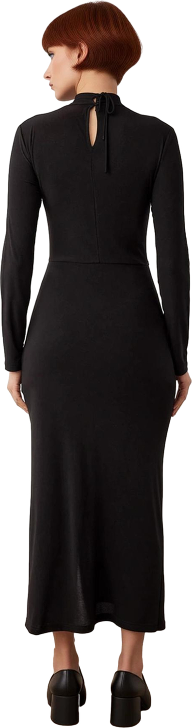 Kadınlara Özel Siyah Örme Bodycon Maxi Elbise Standart Kol Dik Yaka Detaylı Kış Kombinleri İçin