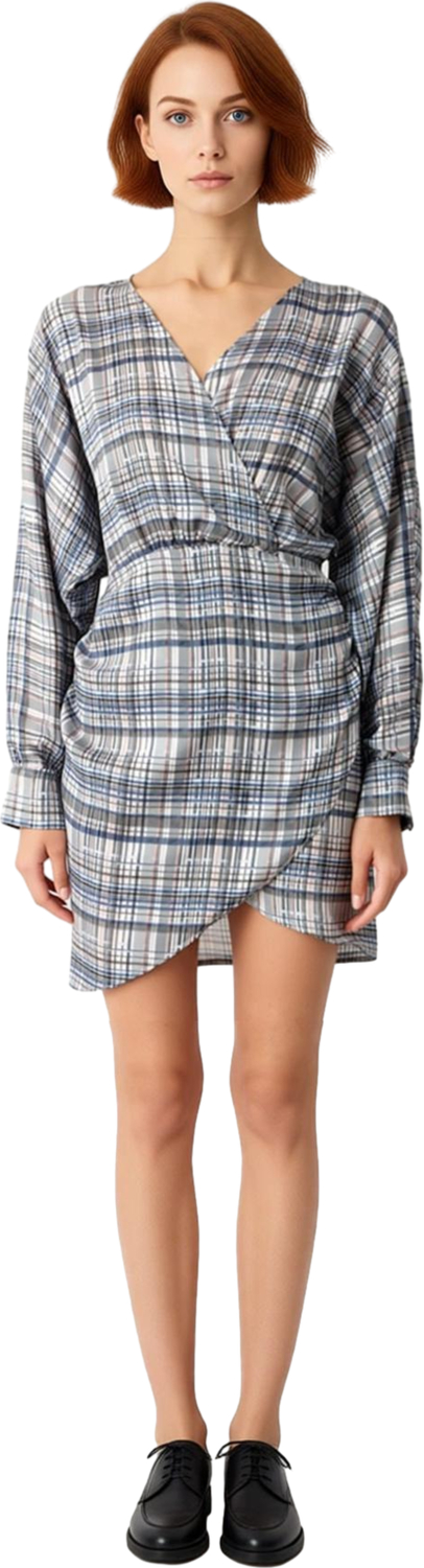 Kadın Ekose Desenli Mini Elbise Bodycon Kesim Kruvaze Yaka Uzun Yarasa Kol Şık Dokuma Saten