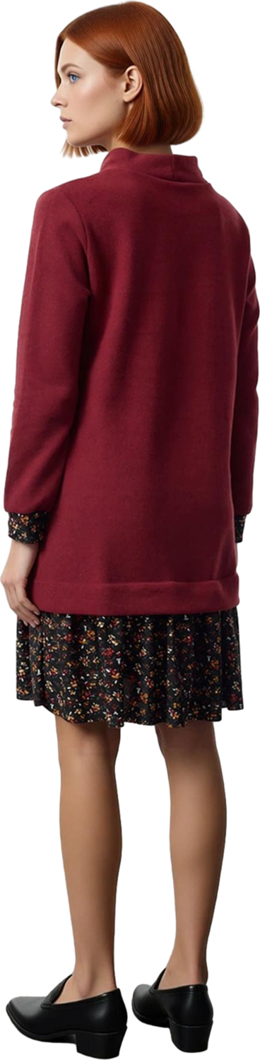 Kadın Casual Stil Selanik Örme Mini Elbise Dik Yaka Uzun Kollu Çiçek Desen Detaylı Konforlu